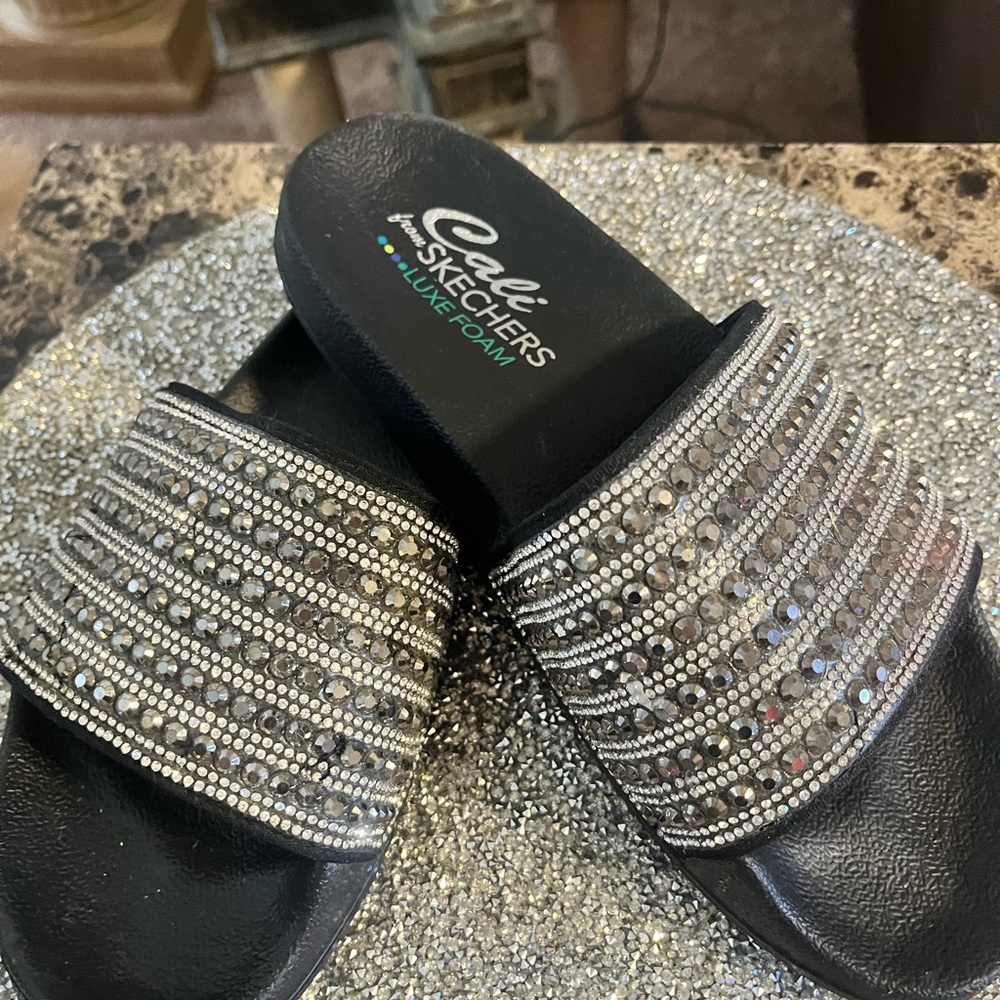 Skechers Women's Black and Silver Embellished Sandals